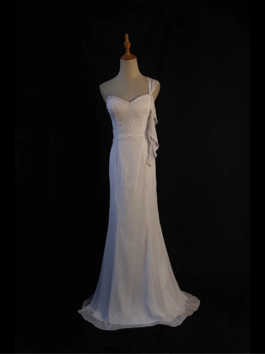 Vestido de novia retro de los años 50 y 40, corte sirena, un hombro, de gasa blanca, largo, DH574