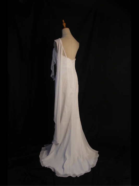 Vestido de novia retro de los años 50 y 40, corte sirena, un hombro, de gasa blanca, largo, DH574