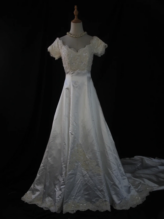 Vestido de novia vintage de los años 70, largo, de satén blanco, sin mangas, con escote en V, elegante, DH575