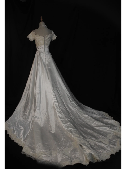 Vestido de novia vintage de los años 70, largo, de satén blanco, sin mangas, con escote en V, elegante, DH575