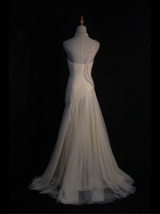 Vestido de novia retro de los años 50 y 40, corte sirena, un hombro, tul blanco, largo, elegante, DH576