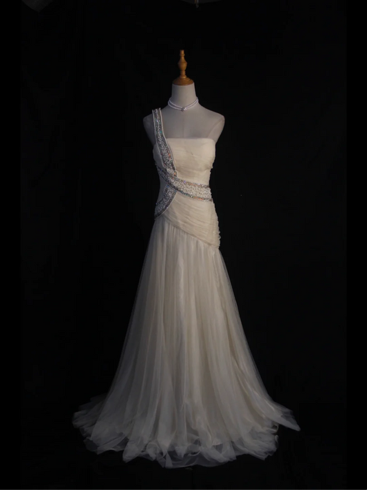 Vestido de novia retro de los años 50 y 40, corte sirena, un hombro, tul blanco, largo, elegante, DH576