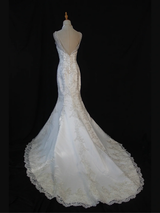 Vestido de novia vintage de los años 70, corte sirena, escote en V, encaje blanco, largo, elegante, DH578
