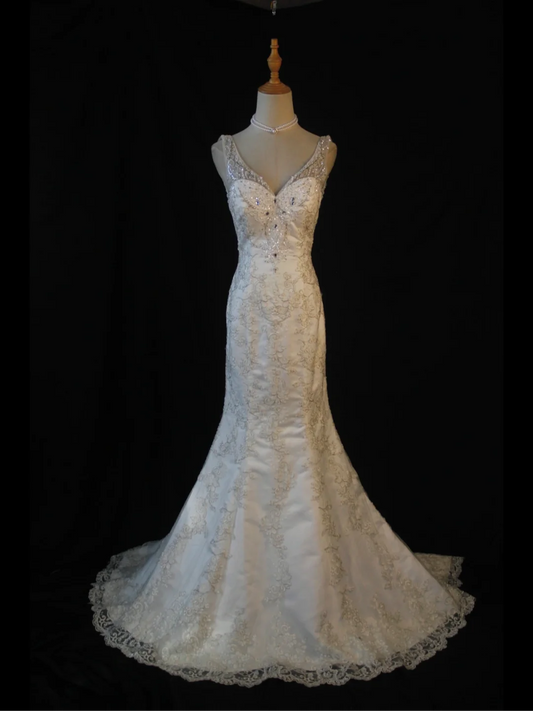 Vestido de novia vintage de los años 70, corte sirena, escote en V, encaje blanco, largo, elegante, DH578