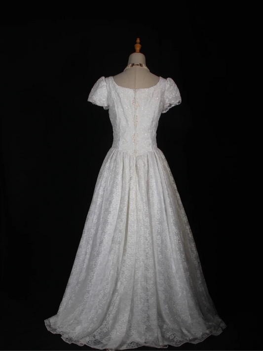 Vestido de novia vintage de los años 70, vestido de fiesta con escote cuadrado y encaje blanco, elegante, DH582