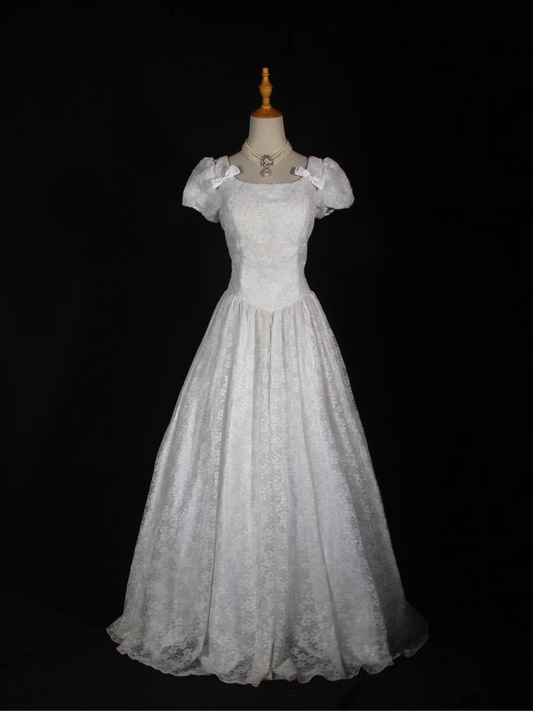Vestido de novia vintage de los años 70, vestido de fiesta con escote cuadrado y encaje blanco, elegante, DH582