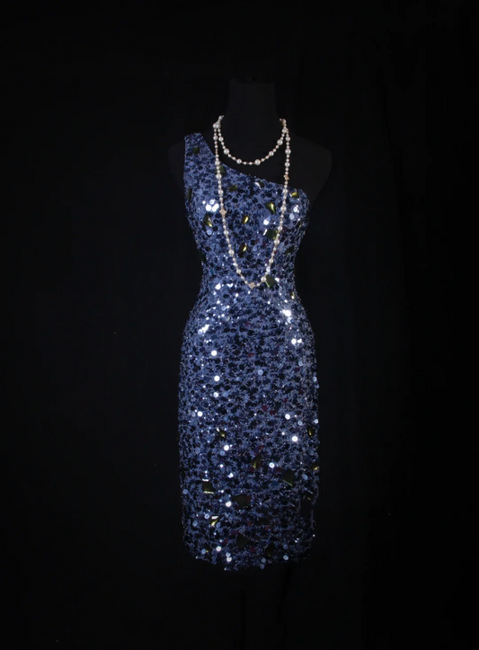 Cute Sheath One Shoulder Navy Blue Sequin Formal 8th Grade Homecoming Dresses Summer Middle School Hoco Dress Homecoming Outfits DH583