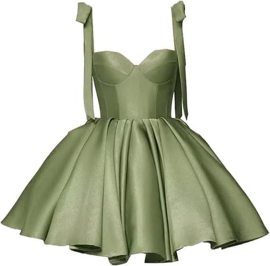 Cute Ball Gown Spaghetti Straps Green Satin Formal 8th Grade Homecoming Dresses Summer Middle School Hoco Dress Homecoming Outfits DH585