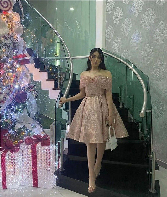 Pretty Ball Gown Off The Shoulder Sequin Pink Short Formal 8th Grade Homecoming Dresses Summer Middle School Hoco Dress 6th Grade Graduation Outfits DH588