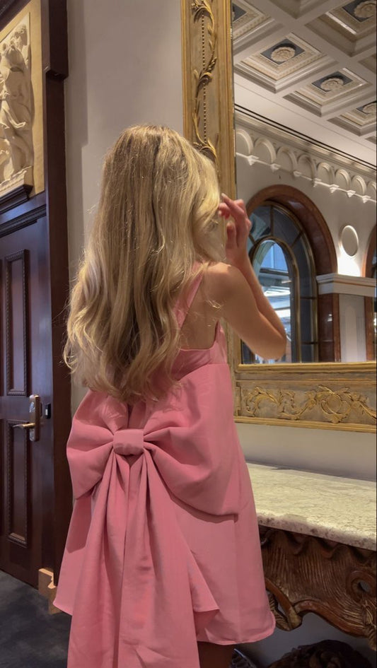 Cute A line Square Straps Pink Satin Formal 8th Grade Homecoming Dresses Summer Middle School Hoco Dress Homecoming Outfits With Bow DH597