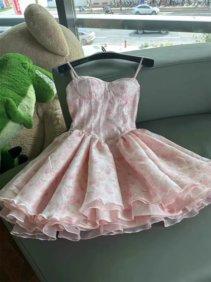 Cute Ball Gown Spaghetti Straps Floral Pink Short Homecoming Dress Summer Middle School Formal 8th Grade Hoco Dresses Summer Homecoming Outfits DH589