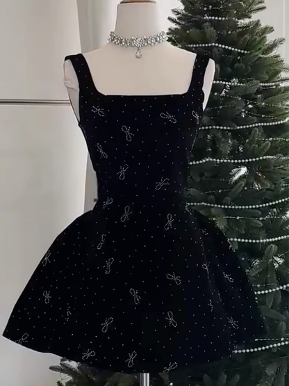 Cute A line Square Neck Sleeveless Black Short Formal 8th Grade Homecoming Dresses Summer Middle School Hoco Dress Homecoming Outfits DH608