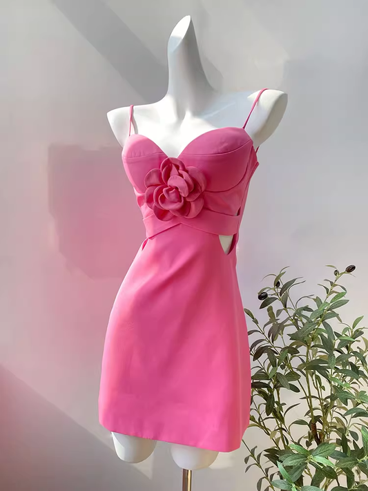 Pretty A Line Spaghetti Straps Floral Hot Pink Short Homecoming Dress Summer Middle School Formal 8th Grade Hoco Dresses Summer Homecoming Outfits DH609