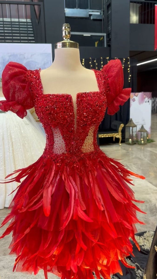 Lindos vestidos formales de fiesta de octavo grado, corte A, cuello cuadrado, mangas cortas, vestido rojo de verano para escuela secundaria, atuendos para fiesta de bienvenida DH61