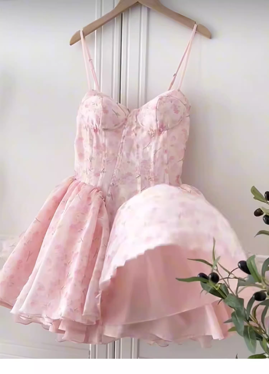 Pretty Ball Gown Spaghetti Straps Floral Pink Short Homecoming Dress Summer Middle School Formal 8th Grade Hoco Dresses Summer Homecoming Outfits DH610