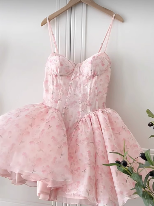 Pretty Ball Gown Spaghetti Straps Floral Pink Short Homecoming Dress Summer Middle School Formal 8th Grade Hoco Dresses Summer Homecoming Outfits DH610