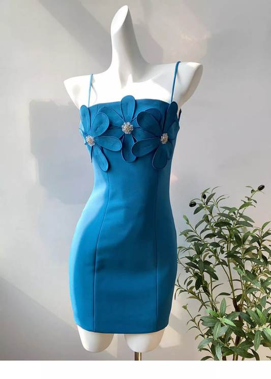 Pretty Sheath Spaghetti Straps Floral Blue Mini Short Homecoming Dress Summer Middle School Formal 8th Grade Hoco Dresses Summer Homecoming Outfits DH611