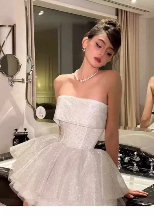 Simple Ball Gown Strapless White Sequin Homecoming Dress Summer Hoco Dresses Mini Cocktail Dress DH614