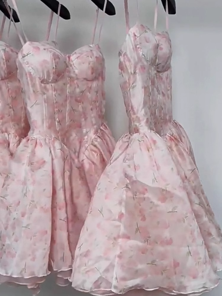 Pretty Ball Gown Spaghetti Straps Floral Pink Short Homecoming Dress Summer Middle School Formal 8th Grade Hoco Dresses Summer Homecoming Outfits DH610