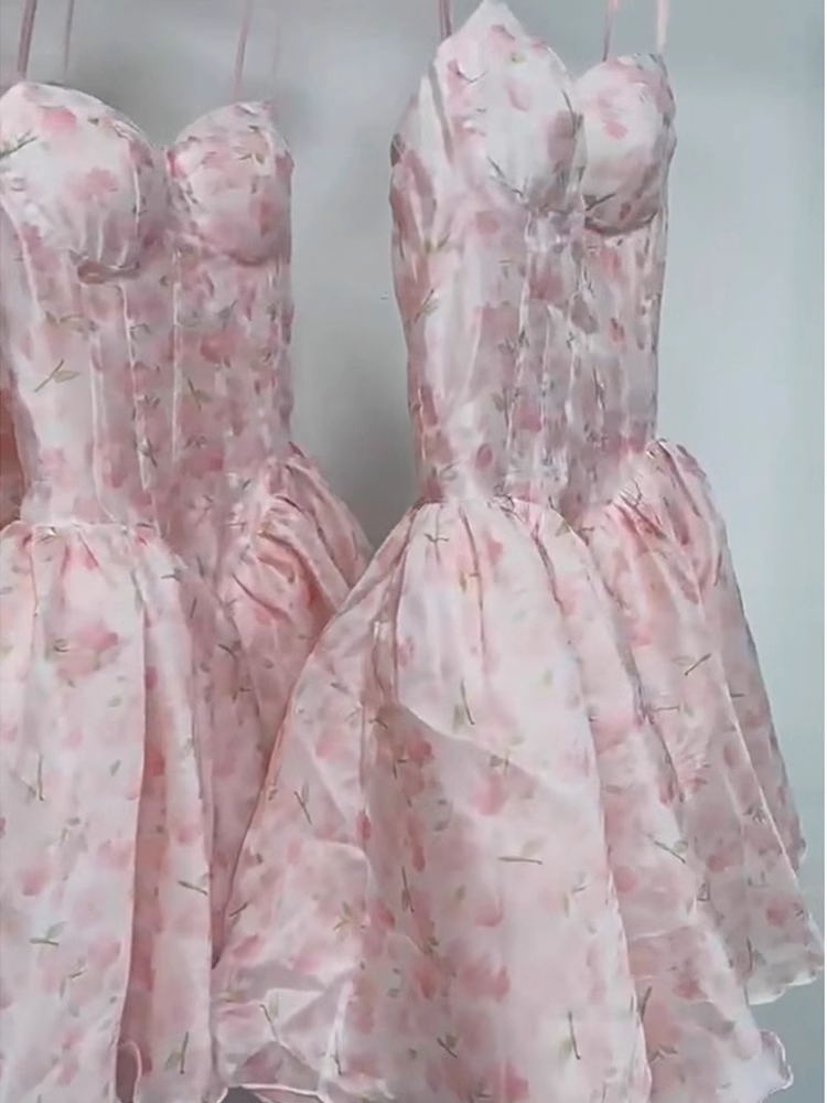 Pretty Ball Gown Spaghetti Straps Floral Pink Short Homecoming Dress Summer Middle School Formal 8th Grade Hoco Dresses Summer Homecoming Outfits DH610