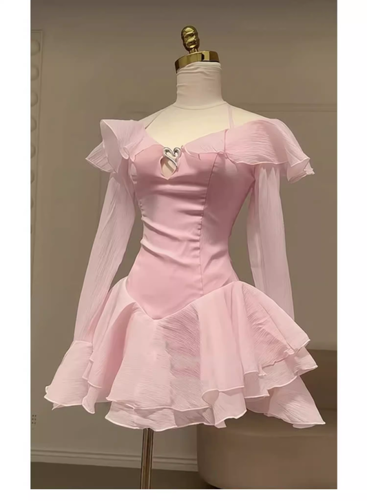 Simple A line Off The Shoulder Pink Chiffon Short Mini Homecoming Dress Summer Hoco Dresses Mini Cocktail Dress DH627