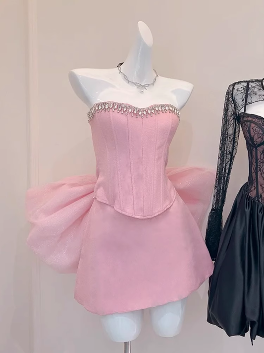 Simple A line Sweetheart Pink Satin Short Mini Homecoming Dress Summer Hoco Dresses Mini Cocktail Dress DH629