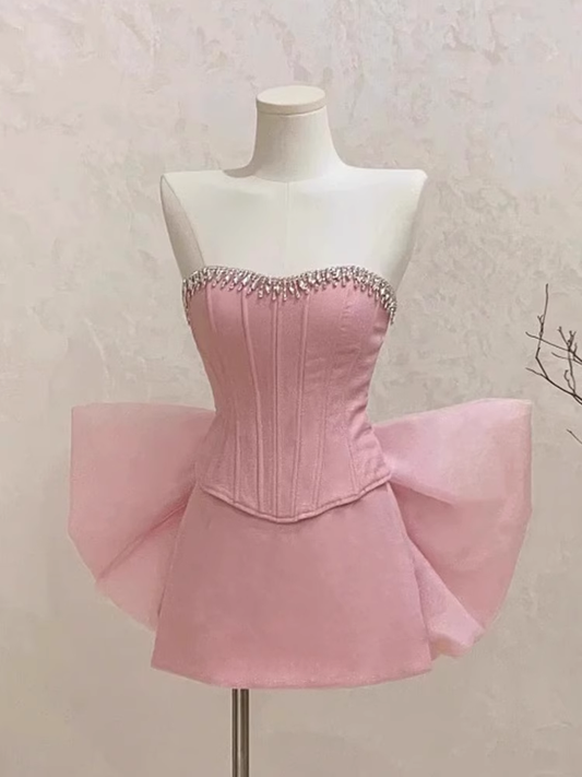 Simple A line Sweetheart Pink Satin Short Mini Homecoming Dress Summer Hoco Dresses Mini Cocktail Dress DH629