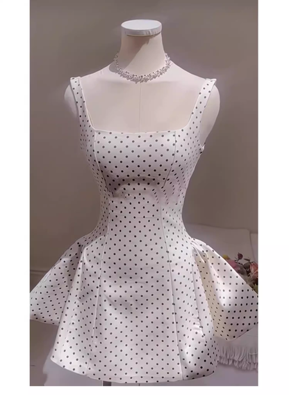 Cute A line Square Neck White Polka Dots Satin Mini Short Formal 8th Grade Homecoming Dresses Summer Middle School Hoco Dress Homecoming Outfits Birthday Dress DH631