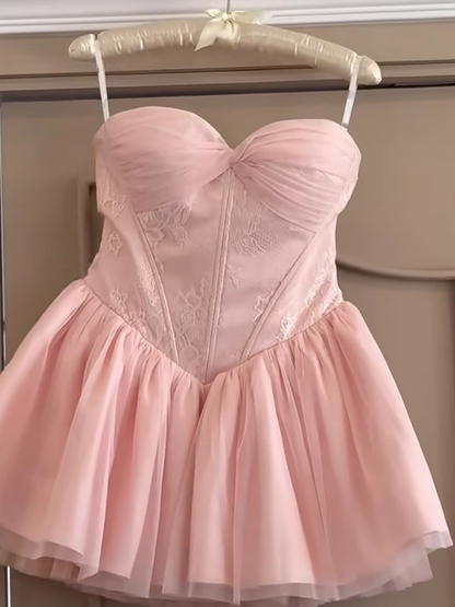 Pretty Ball Gown Sweetheart Tulle Pink Short Homecoming Dress Summer Middle School Formal 8th Grade Hoco Dresses Summer Homecoming Outfits DH637