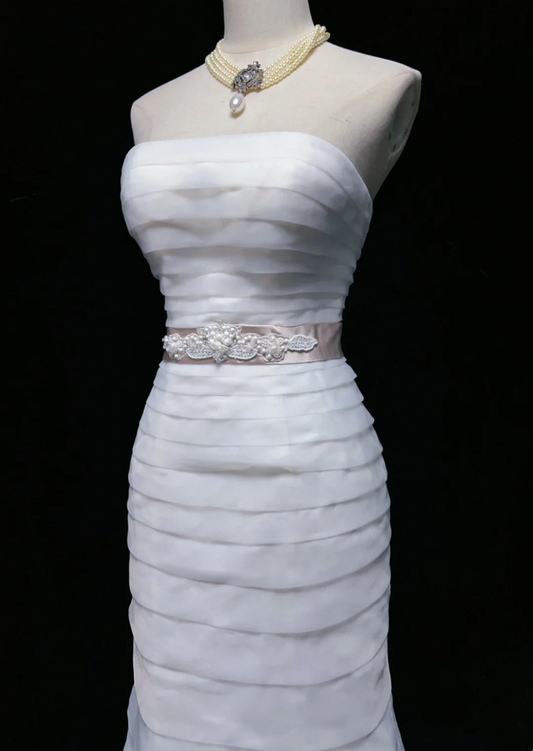 Vestido de novia clásico de sirena sin tirantes, de satén, largo, blanco, elegante, DH645