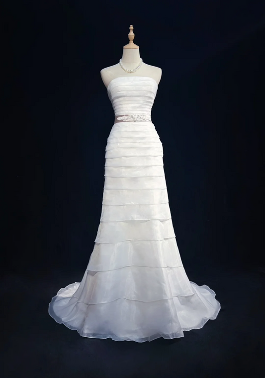 Vestido de novia clásico de sirena sin tirantes, de satén, largo, blanco, elegante, DH645