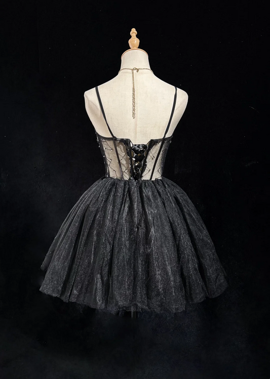 Cute Ball Gown Spaghetti Straps Black Sleeveless Mini Short Formal 8th Grade Homecoming Dresses Summer Middle School Hoco Dress Homecoming Outfits DH647