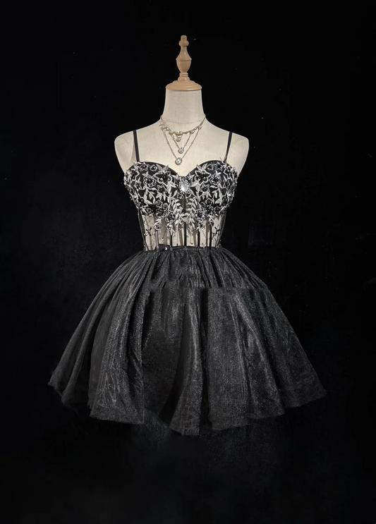 Cute Ball Gown Spaghetti Straps Black Sleeveless Mini Short Formal 8th Grade Homecoming Dresses Summer Middle School Hoco Dress Homecoming Outfits DH647
