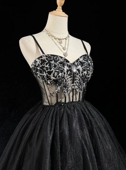 Cute Ball Gown Spaghetti Straps Black Sleeveless Mini Short Formal 8th Grade Homecoming Dresses Summer Middle School Hoco Dress Homecoming Outfits DH647
