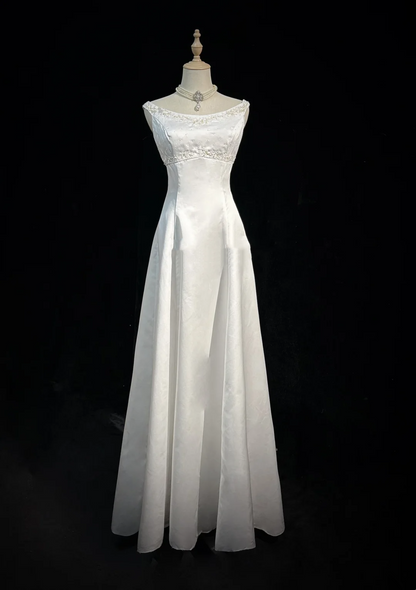 Vestido de novia clásico, corte A, escote joya, satén, largo, blanco, elegante, DH649