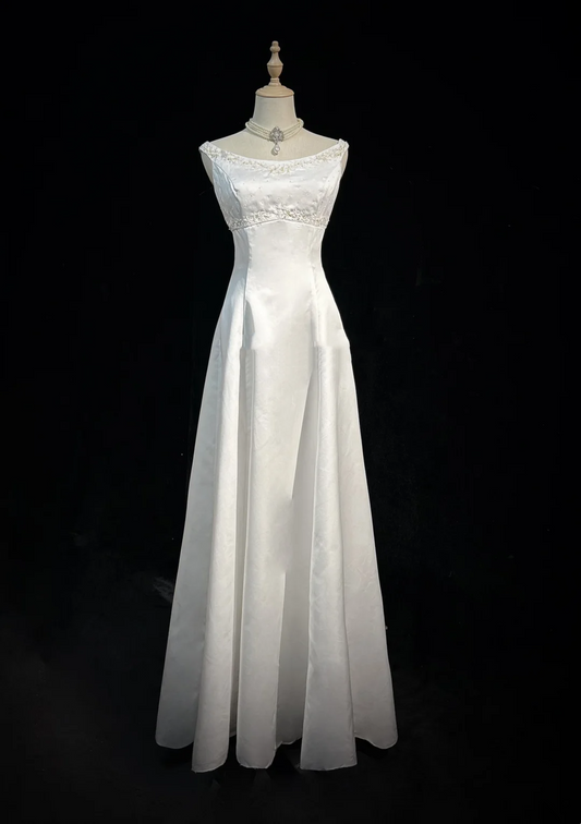 Vestido de novia clásico, corte A, escote joya, satén, largo, blanco, elegante, DH649