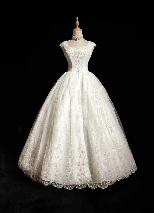 Vestido de novia clásico, vestido de fiesta, escote cuadrado, mangas cortas, tul blanco, vestidos de novia vintage DH651