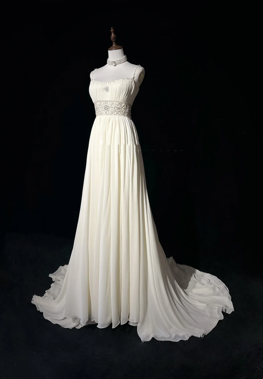 Vestido de novia vintage de los años 60, corte A, tirantes finos, gasa blanca, largo, elegante, DH652
