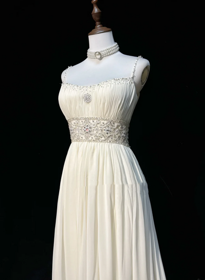 Vestido de novia vintage de los años 60, corte A, tirantes finos, gasa blanca, largo, elegante, DH652