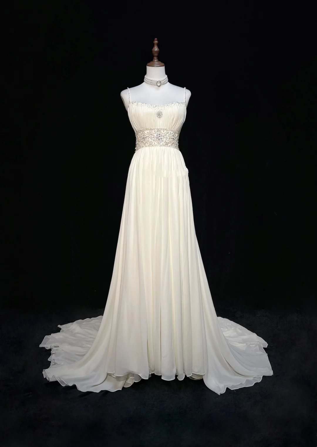 Vestido de novia vintage de los años 60, corte A, tirantes finos, gasa blanca, largo, elegante, DH652