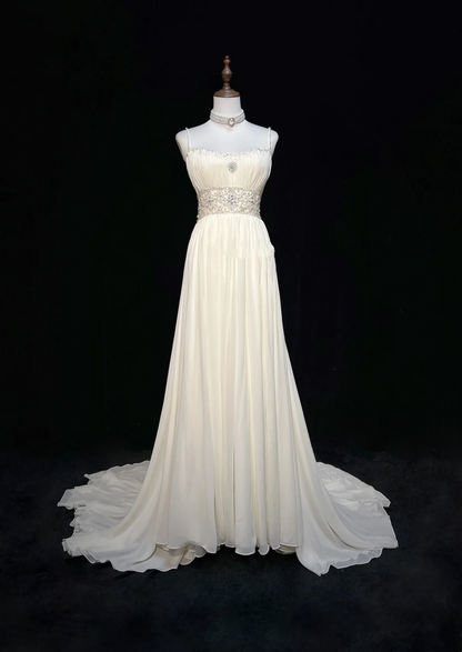 Vestido de novia vintage de los años 60, corte A, tirantes finos, gasa blanca, largo, elegante, DH652