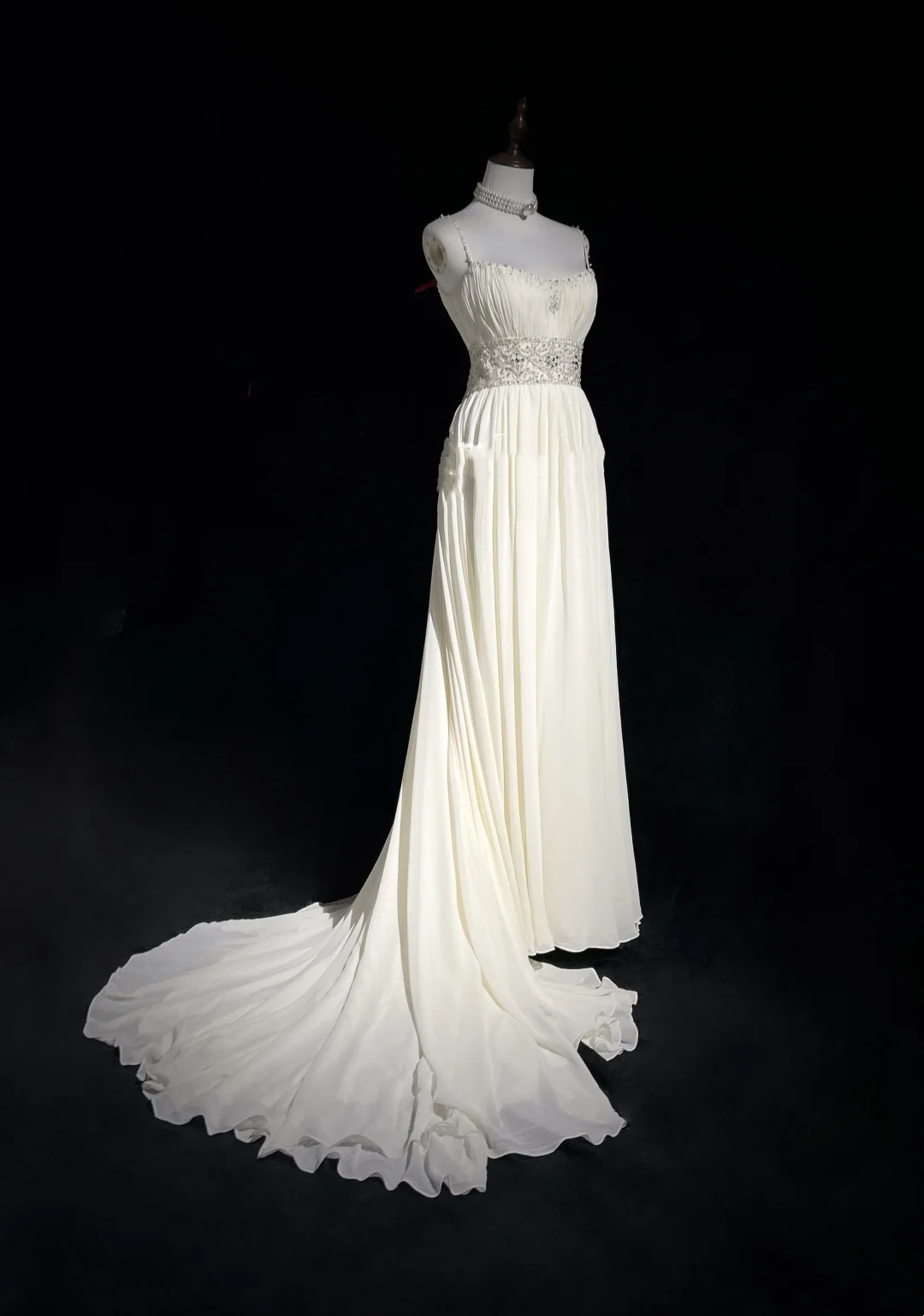 Vestido de novia vintage de los años 60, corte A, tirantes finos, gasa blanca, largo, elegante, DH652