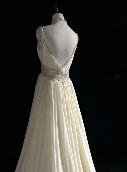 Vestido de novia vintage de los años 60, corte A, tirantes finos, gasa blanca, largo, elegante, DH652