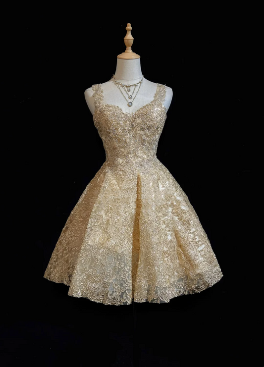Pretty Ball Gown Sweetheart Gold Lace Short Formal 8th Grade Homecoming Dresses Summer Middle School Hoco Dress Homecoming Outfits DH653