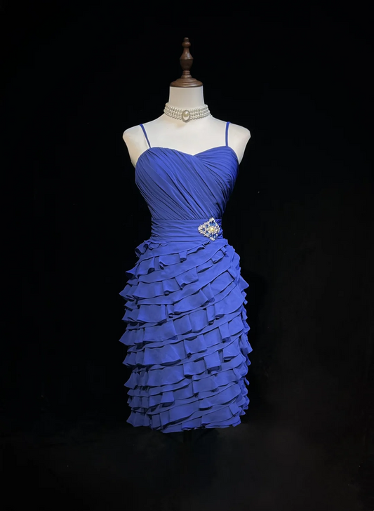 Pretty A line Spaghetti Straps Royal Blue Chiffon Short Formal 8th Grade Homecoming Dresses Summer Middle School Hoco Dress Homecoming Outfits DH654