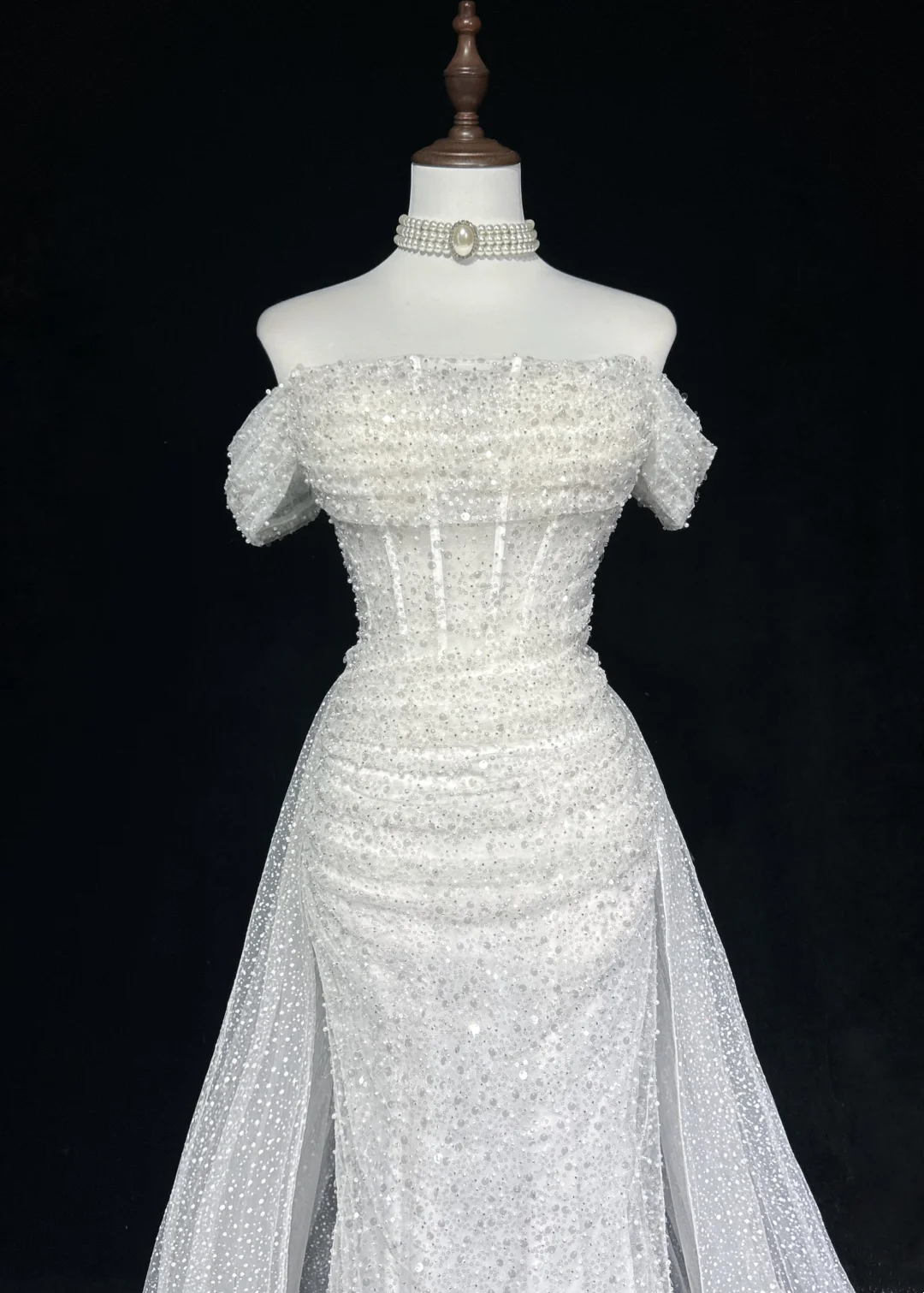 Vestido de novia vintage de los años 60, corte sirena, hombros descubiertos, lentejuelas, largo blanco, elegante, DH656