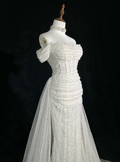 Vestido de novia vintage de los años 60, corte sirena, hombros descubiertos, lentejuelas, largo blanco, elegante, DH656