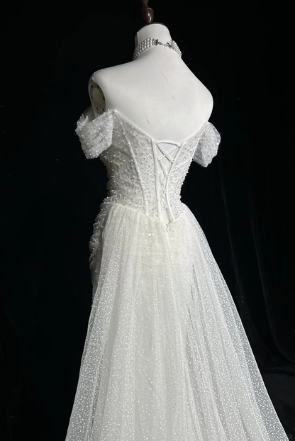 Vestido de novia vintage de los años 60, corte sirena, hombros descubiertos, lentejuelas, largo blanco, elegante, DH656