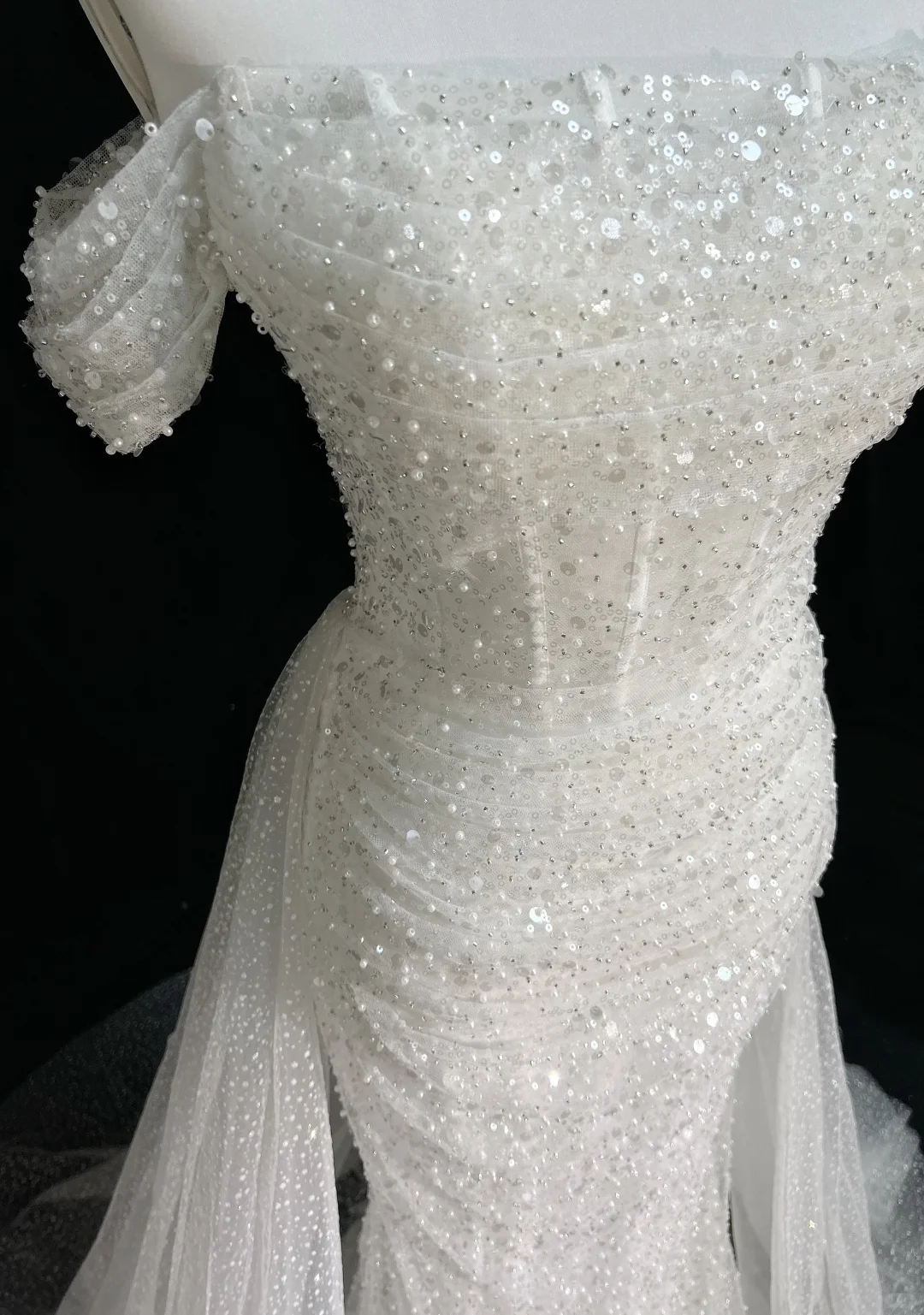 Vestido de novia vintage de los años 60, corte sirena, hombros descubiertos, lentejuelas, largo blanco, elegante, DH656