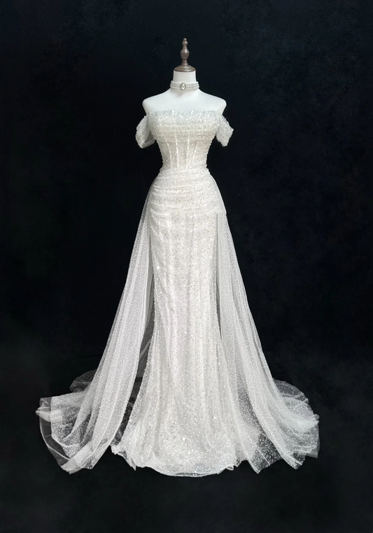 Vestido de novia vintage de los años 60, corte sirena, hombros descubiertos, lentejuelas, largo blanco, elegante, DH656